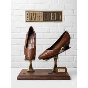 VTG The Leather Collection Woven Brown Leather Pumps Heels 90s Boho‎ Western
